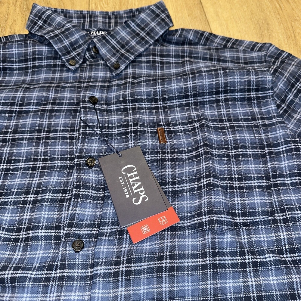 Chaps Men's Flannel Shirt River Blue Plaid Size XXL Stretch Comfort NEW